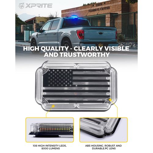 Xprite 108 LED Roof Top Strobe Light, US Flag Pattern Police Flashing Lights, Emergency Safety Warning LED Mini Strobe Lightbar w/Magnetic Base for Traffic Police Firefighter EMS Vehicle Truck, Blue