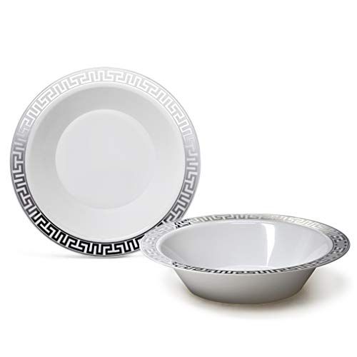 " OCCASIONS " 40 Piece Plates Pack, Heavyweight Disposable Wedding Party Plastic Soup Bowls (14oz Soup Bowl, Milano White & Silver)