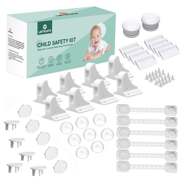 LATTCURE Baby Proofing, 36 Pcs Baby Safety Locks - 8 Magnetic Cupboard Locks+2 Keys, 8 Corner Protectors, 8 Child Safety Cupboard Straps, 10 Socket Covers Protectors/Guards