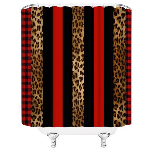 KDYDK Leopard Print Shower Curtain Red Black Cheetah Print Buffalo Plaid African Wild Animal Brown Skin Pattern Geometric Decor Bathroom Curtain Set with Hook