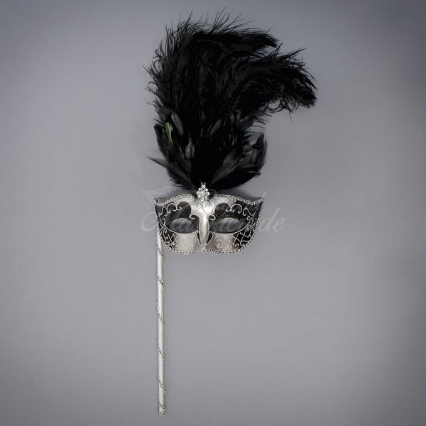 Handheld Stick Venetian Masquerade Mask for Women M6150 - Black/Silver