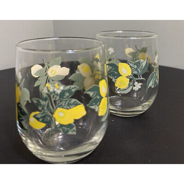 Lot Of 2 Greenbrier Lemon Citrus Stemless Wine Juice Water Glass!