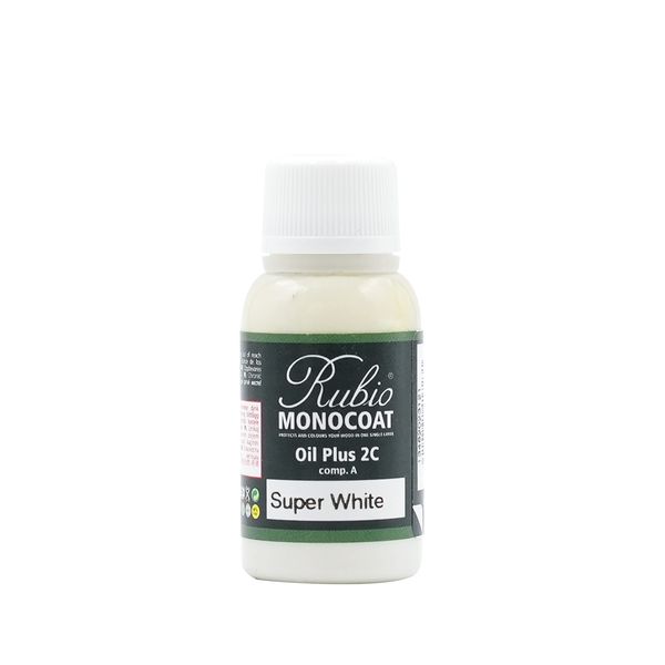 Rubio Monocoat Oil Plus Part A, 20 Milliliters, Super White, Interior Wood Stain and Finish, Food Safe, Easy One-Coat, Linseed Oil, Plant Based, VOC/Solvent Free, Furniture & Flooring Hardwax Oil