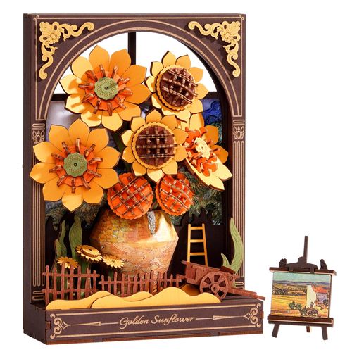 Wowood 3D Wooden Puzzles for Adults - Van Gogh Golden Sunflower DIY Model Building Kits with LED Light - Home Decor, Wall Art & Unique Creative Gifts for Art Lovers