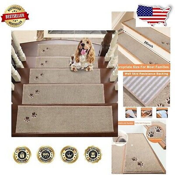 10 Pcs Non-Slip Machine Washable Carpet Stair Treads for Safe Wooden Steps