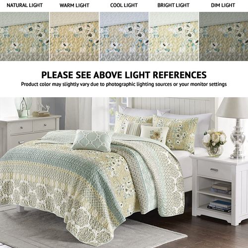 Madison Park 100% Cotton Quilt Set Floral Print, Double Sided Stitching, All Season, Lightweight Coverlet Shabby Chic Bedding Layer, Matching Shams, Full/Queen(90"x90"), Green Yellow 6 Piece