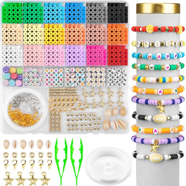 4000pcs Clay Beads for Bracelet Making Kit with Elastic String and Tweezers, Soft Ceramic Chip Alphabet Letter Beads Smiley Face Beads and Flat Beads, Jewelry Making Kit Craft for Girls