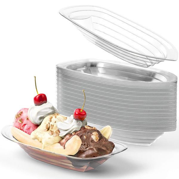 Avant Grub Super Fun, Recyclable 8oz Plastic Banana Split Boats 50 Pack. Durable, Disposable Ice Cream Sundae Dishware Bowl. Perfect Plastic Cups for Social Event or Kids Birthday Party.