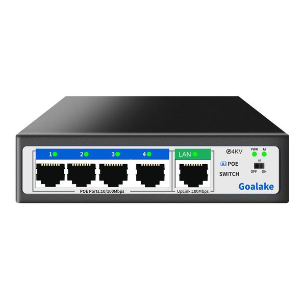 Goalake PoE+ Switch 5 Port 100Mbps（4 PoE Ports +1 Uplink), 802.3af/at, 52W for all PoE Ports, AI Extended to 250m, Ideal for IP Surveillance and Access Point, Desktop/Wall Mount(Unmanaged)