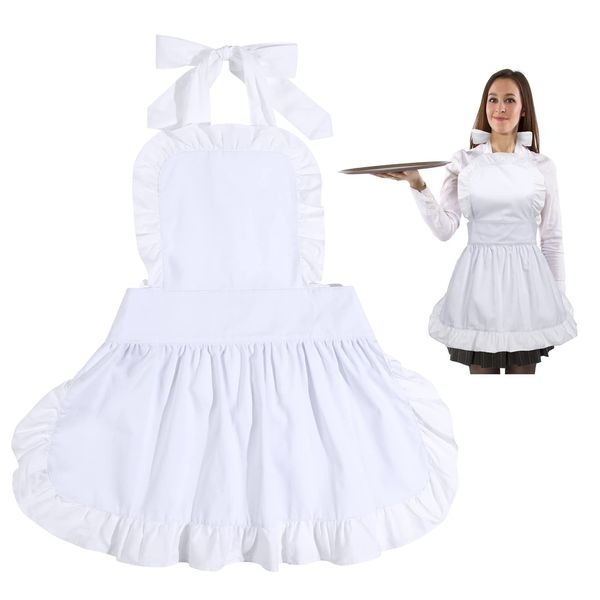 Cabilock Adjustable Ruffle Apron White Waitress Apron Adult Cosplay Maid Apron Victorian Apron Costume, Kitchen Baking Cleaning Cooking Apron for Hotel Restaurant