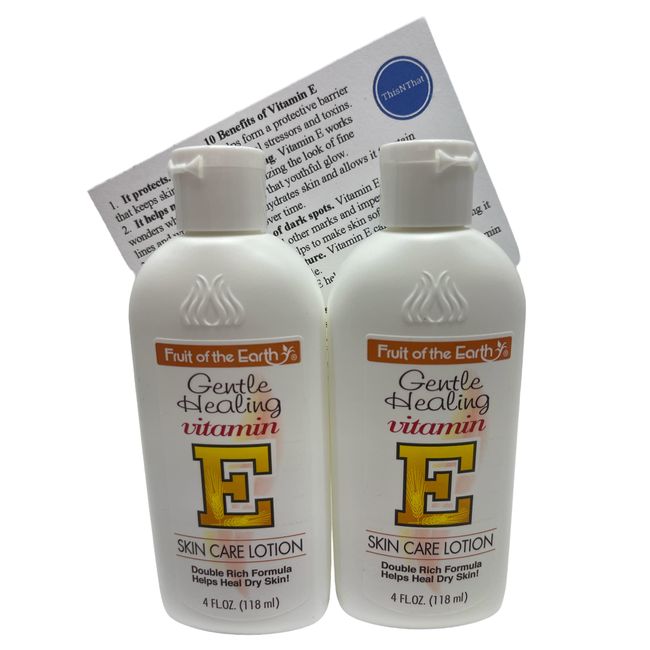 Fruit of the Earth Gentle Healing Vitamin E Skin Care Lotion Travel Size Bundle: (2) 4 oz Bottles & ThisNThat Trademark Tip Card