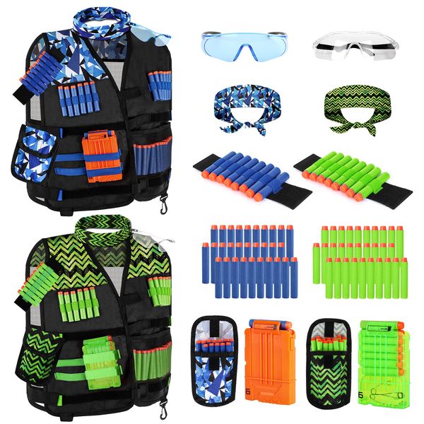 Lehoo Castle 2PACK Kids Tactical Vest Kit for Nerf Guns N-Strike Elite Series for Boys Girls, with 60 Refill Darts, Dart Pouch, Tactical Mask, Reload Clips, Protective Glasses (Blue+Green)