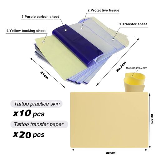 Dyroe Tatuaggio per Pelle Sintetica, 10 Pezzi di Pelle Sintetica + 20 Pezzi di Carta Tattoo Transfer, Kit di Pratica per Principianti e Professionisti del Tatuaggio (20 * 30 * 0,12cm)