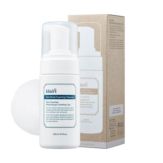 DearKlairs] Rich Moist Foaming Cleanser, hypoallergenic face wash, for sensitive skin, 100ml, 3.38oz