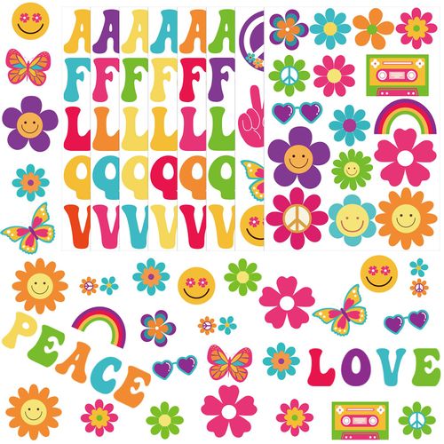 Saypacck 255 Pcs 12.8 x 9.45 Inch 60s 70s Groovy Hippie Stickers Retro Peace Love Daisy Butterfly Letter Self Adhesive Boho Stickers for Water Bottle Laptop Decorations(Rainbow Color)