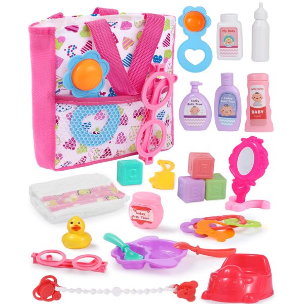 GAGAKU 23 Pack Baby Doll Accessories Set Baby Doll Feeding and Caring Set Includes Diaper Bag,Doll Diapers,Toys, Bottles,Pretend Play Set,Shower,Eating,and More, Perfect for Kids Toddlers and Girls