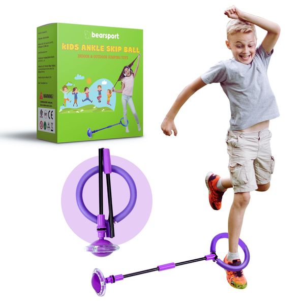 Bearsport Ankle Skip Ball for Kids - Foldable Flash Wheel Skip-it Ball - Outdoor Indoor Fitness Jump Rope Game Toys - Gifts for Boys & Girls 5 6 7 8 9 10 Years Old (Purple)