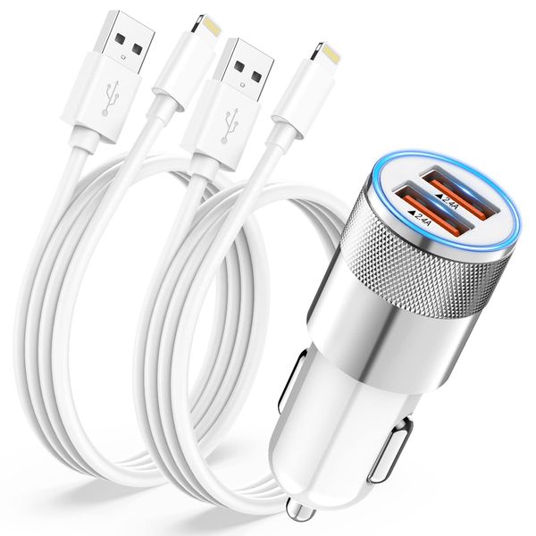 iPhone Car Charger Adapter [Apple MFi Certified], Car iPhone Charger Cigarette Lighter Dual USB Car Charger for iPhone 14 13 12 11 Pro Max/XS/X/8/7/6/SE,Fast Car Phone Charger with 2x Lightning Cable