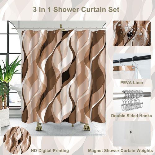Yanutan Brown Modern 3 in 1 Shower Curtain Set，Striped Brown Shower Curtain Set for Bathroom,Stylish Simplicity Abstract Fabric Bath Curtain with Hooks and Liner, 72x72in