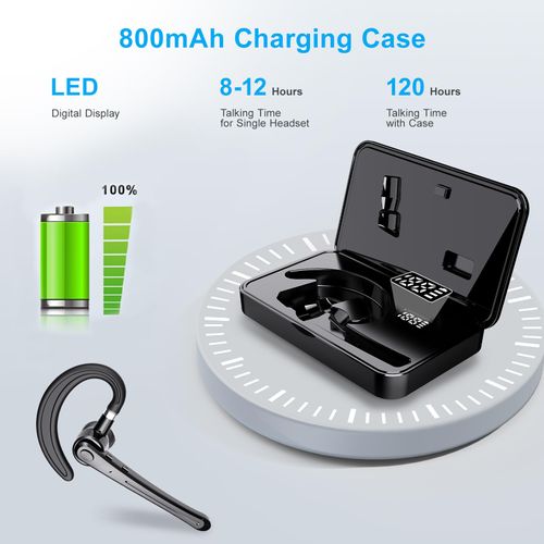 Bluetooth Headset,Wireless Bluetooth Earpiece with 800mAh Charging Case 80 Hours Talking Time Built-in CVC8.0 Dual-Mic Active Noise Cancelling V5.1 Hands-Free Headphones for Trucker/Office (C1, Black)