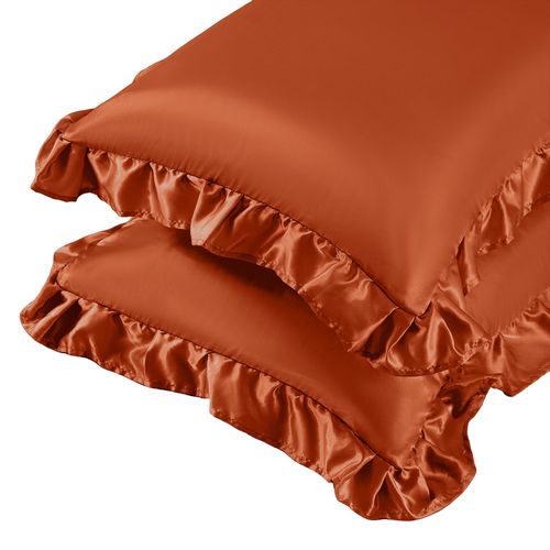 NSGZ Ruffled Satin Pillowcase Set of 2, Standard Size Silky Pillow Shams for Hair and Skin Care, Rust Satin Pillow Covers with Envelope Closure, Anti Wrinkle Pillow Cases for Modern Room Decor
