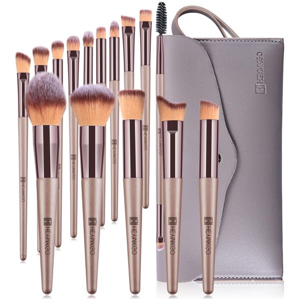 HEYMKGO Pennelli Make Up, 15 Pezzi Set Pennelli Trucco Professionale con Trousse in Pelle PU, Champagne Gold Kit Pennello Trucco Occhi Makeup Brushes Regalo per Ragazze Donne Compleanno San Valentino