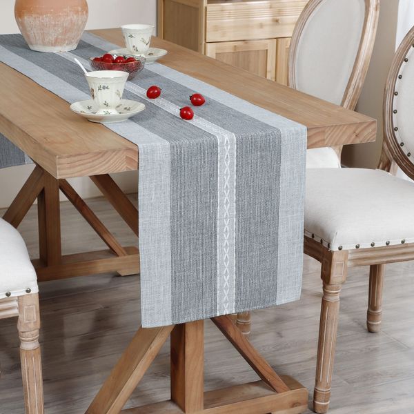 NEWISHER Braided Striped Table Runner Rustic Embroidery Coffee Table Runners for Decorations Weddings Holiday Grey 33x92cm/13x36inch