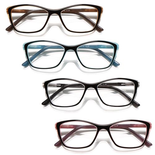 TISHUI Reading Glasses for Women +1.50 Modern Cat Eye Ladies Readers 2 Tone Stylish Fashionable Cheaters Glasses W/Comfortable Spring Hinges 4 Pack