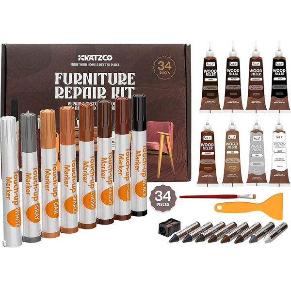 Katzco Furniture Repair Kit Wood Markers - Set of 34 - Markers and Wax Sticks with Sharpener - for Stains, Scratches, Floors, Tables, Desks, Carpenters, Bedposts, Touch-Ups, Cover-Ups