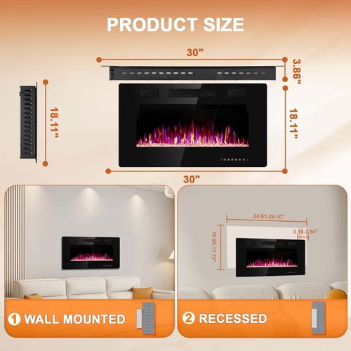 30“ Indoor Electric Fireplace, Wall Mounted Recessed Fireplace,Multiple Colors