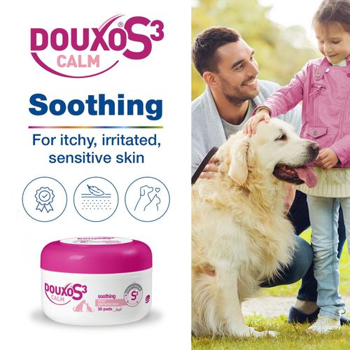 DOUXO S3 CALM Pads | Dog Itchy Skin Relief | Dry Skin Dog Solution| Pet Wipes for Cats | For Irritated Sensitive Skin | Dog Feet Wipes | Hypoallergenic Dog & Cat Wipes | Soothes & Hydrates | 30 Pads