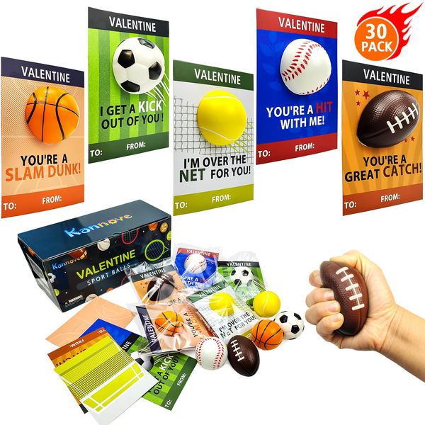 Valentines Day Sports Gifts Cards for Kids School,30 Pack Foam Sport Ball Toys with Classroom Exchange Cards for Toddlers,Valentine Goodie Bag Stuffers Party Favors Class Prizes Treats for Boys Girls