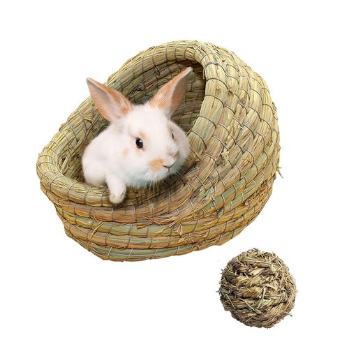 kathson Rabbit Grass House Bunny Woven Hay Bed Guinea Pig Hideout Hand Woven Natural Grass House for Hamster Bunny Guinea Pig and Small Animals with Hay Chew Balls Toys