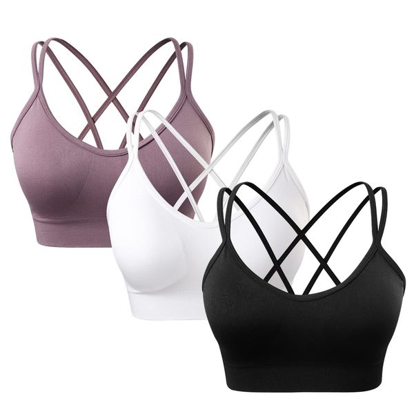 sicoozoe Women's Crisscross Sports Bra, Strappy Removable Padded Medium Support Workout Bra Seamless Comfortable Yoga Bras 3 Pack