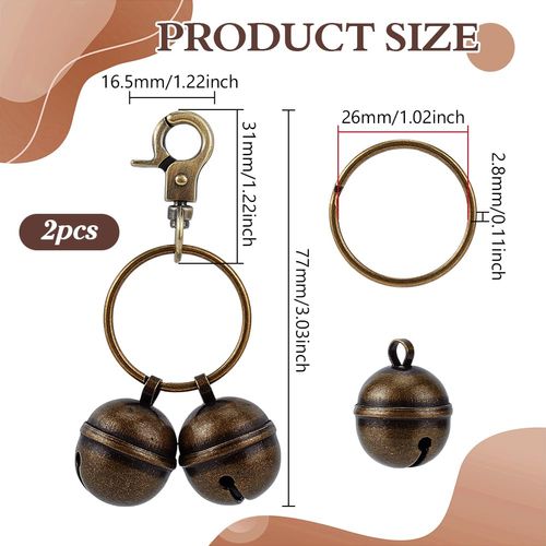 BENECREAT 2 Sets Brass Bells for Pet Collars, 3 Inch Dog Collar Charms with Lobster Clasp for Pet Tracking, Training, Decorating (Antique Bronze)