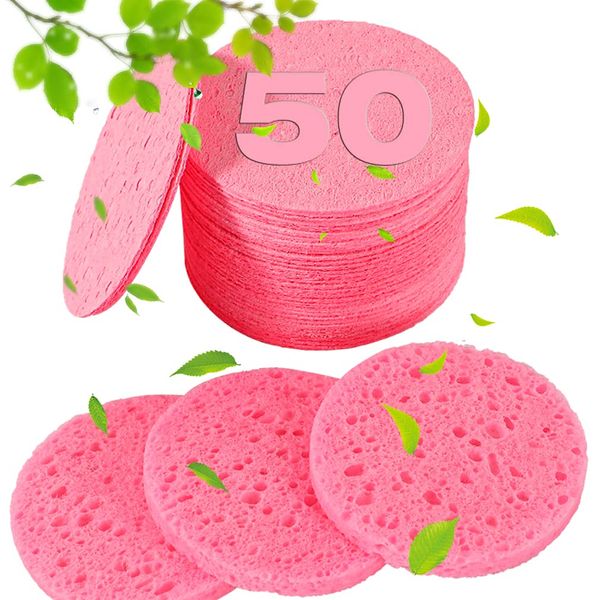 50-Count Compressed Facial Sponges for Estheticians- 100% Natural Cellulose Face Sponge Professional Cosmetic Spa Sponges for Face Cleansing, Massage, Pore Exfoliating, Mask, Makeup Removal (Pink)