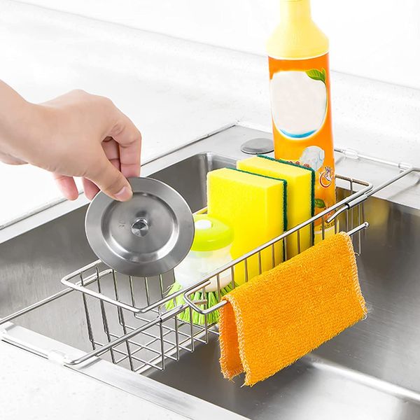 Sink Sponge Rest (10 Sponges Included) 304 Stainless Steel Sponge Rack Sink Storage Rack Telescopic Sponge Holder for Kitchen Sink Draining Rack Sponge Rest Sink Pocket Rust Easy Installation