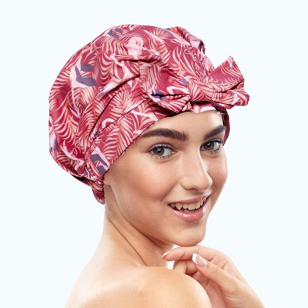 Bodylife Shower Cap Reusable Bath Cap Waterproof Mold Proof With Bow Flamingo Sunset