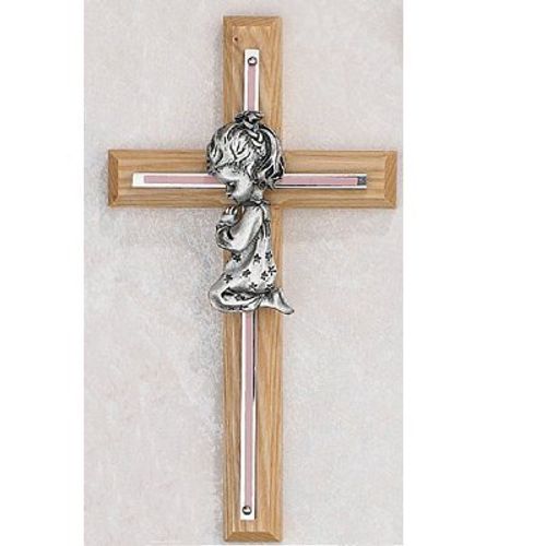 7" PINK OAK GIRLS WALL CROSS BABY INFANT CHRISTENING BAPTISM SHOWER