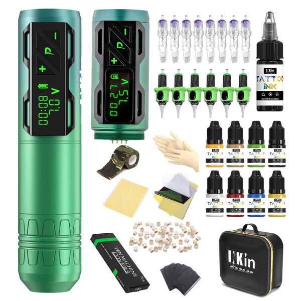 INKin Tattoo Maschine Set, CL2 Kabelloser Tattoo Set mit Zweiten 1800mAh Akku Stromversorgung, Rotations Tattoo Pen mit 36 Stück Tattoo Nadeln Set und 9 Tattoo ink für Tattoo Künstler