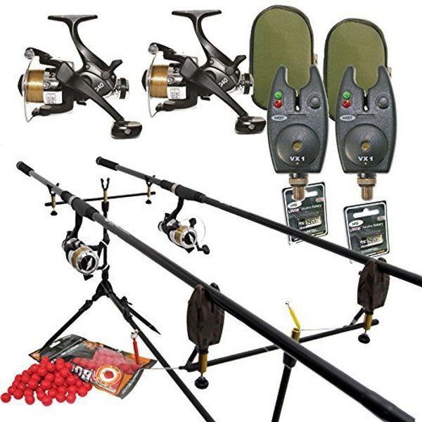 Full Carp Fishing Set Up Rods Reels Bite Alarms Rodpod PLUS 4 PACKS OF BOILIES