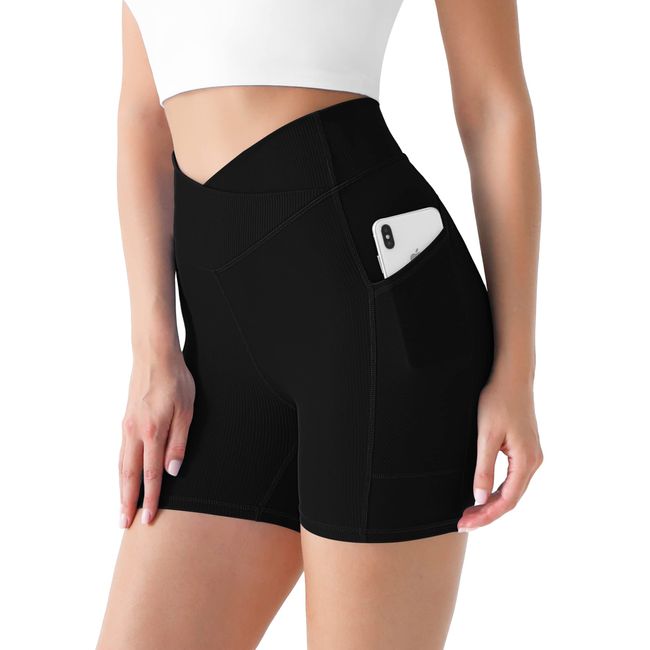 Desol Radlerhose Damen mit Taschen V Cross High Waist Shorts Bauch Kontrolle Kurze Sporthose Damen Sport Shorts für Yoga Laufen