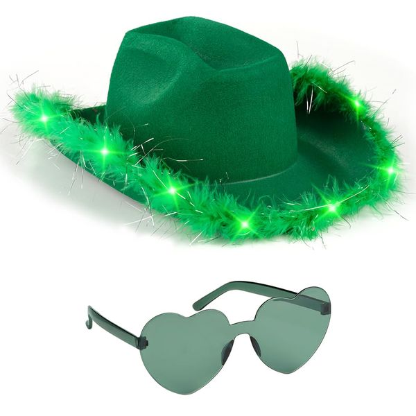 Funcredible St Patricks Day Light Up Cowboy Hat and Glasses - Fluffy Cowgirl Hat - Green Feather Cowboy Hat for Women - St Patty's Day Hat