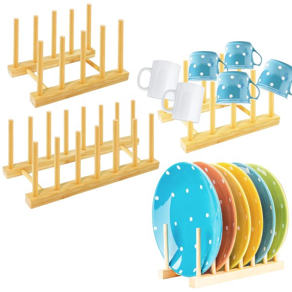 Bohoray 2pcs Wooden Plate Rack Stand, 2 Sizes Cupboards Dish Rack, Plate Rack Stand Pot Lid Holder, Kitchen Cabinet Rack Holder Dish Drainer, Drying and Storage for Bowls, Cups, Cutting Boards, Books