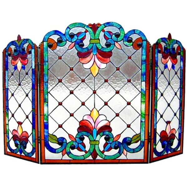 Tiffany Style Fireplace Screen Victorian Design Stained Glass 3 Section 28 X 44