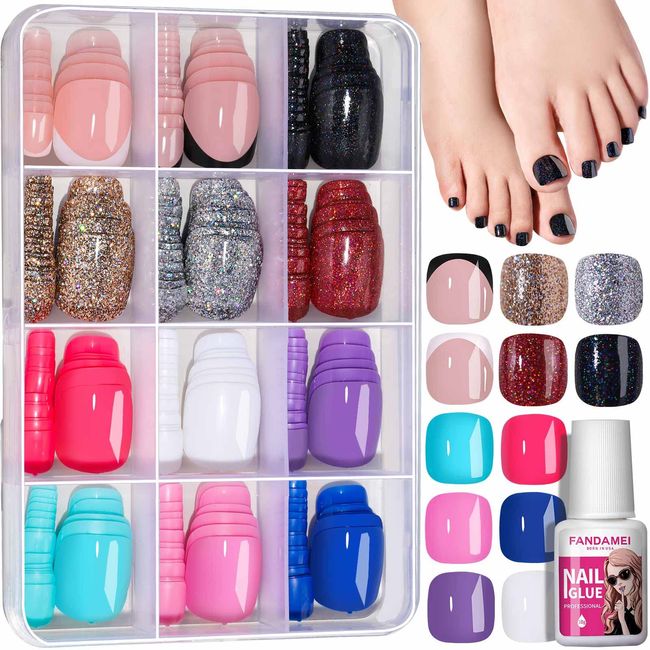 Press on Toe Nails, FANDAMEI 12 Colors 288PCS Press on Toenails Short Square, 4 Glitter Press on Toenails Full Cover, 6 Glossy False Toenails for Feet, 2 Press on Toenails French Tip for Summer Nail