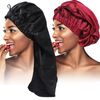 2PCS Satin Hair Braid Bonnet,Foldable Extra Long Bonnet for Braids with Button,Single Layer Sleep Cap,Soft Hair Sleeping Bonnet Cap for Black Women,Large Hair Loose Cap for Dreadlocks(Black+Wine Red)