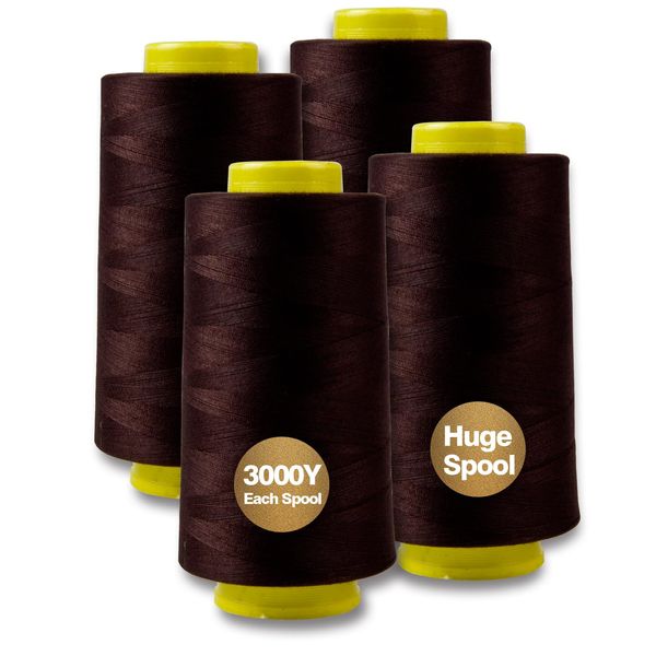 Serger Thread, All-Purpose Thread for Sewing, Polyester, 4 Cones of 3000 Yards Each Spool for Sewing Machine (Coffee)