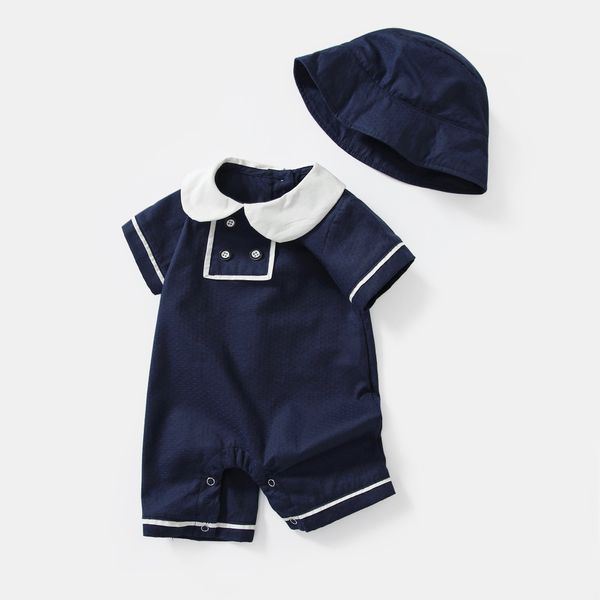 Baby Unisex Boy Girl College Style Romper Combo Sun Hat - 59 (0-3M) / Blue