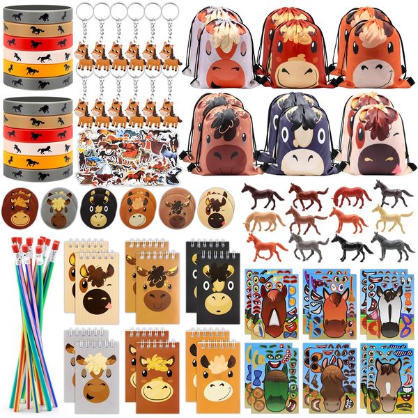 BOIKOKY 146Pcs Horse Party Favors Horse Goodie Bags with Drawstring Bag Notepads Keychain Silicone Wristbands Badges Stickers for Horse Themed Birthday Party Decorations